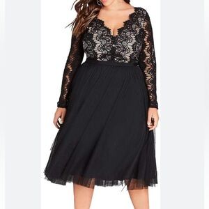 City Chic Black Lace Deep V-neck Long Sleeves Lined Plus Size Midi Dress
